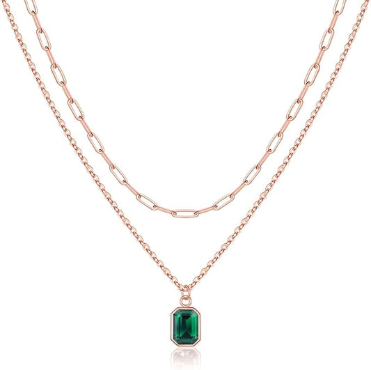 Multi-layered silver and rose gold emerald necklace